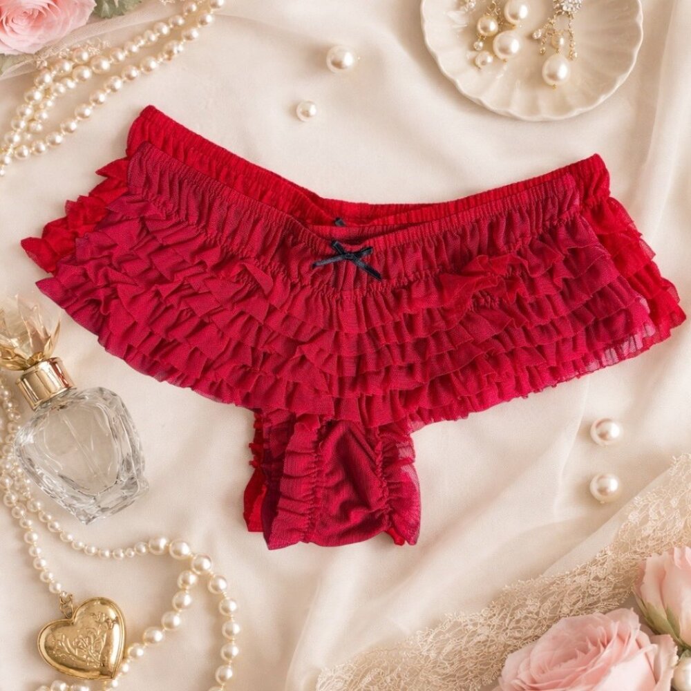 Seduction By Fredericks Of Hollywood Red Ruffle Boyshort Panties Size S Nylon &
